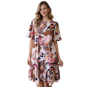 Storets Womens Artsy Abstract Cotton Linen Graphic Print Midi Dress Ruffle Hem